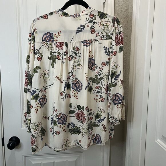 Loft Cream Blue Red Floral Half Button Long Sleeve Boho Top Womens Size L NEW - Picture 7 of 10